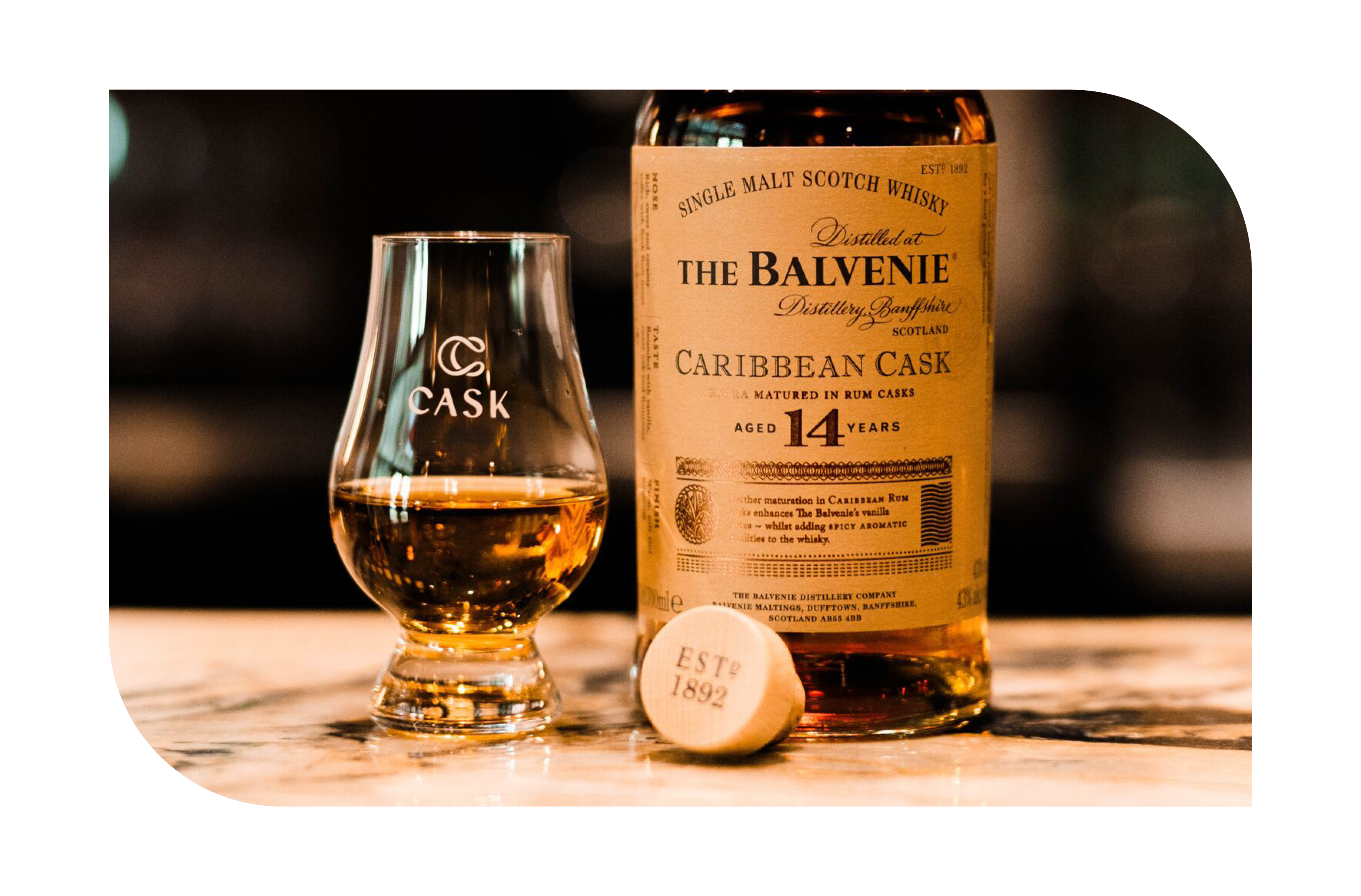 The Balvenie served neat at Cask Whisky bar in Camana Bay.